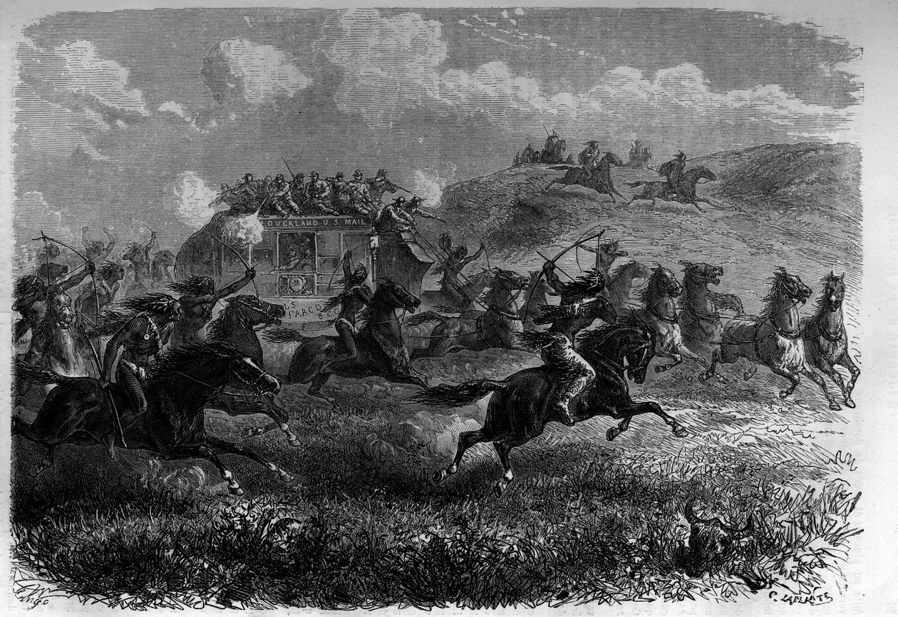 Rothäutige Reiter greifen eine Postkutsche in der Prärie an. Gravur in „Le journal de la jeunesse“ von Unknown artist
