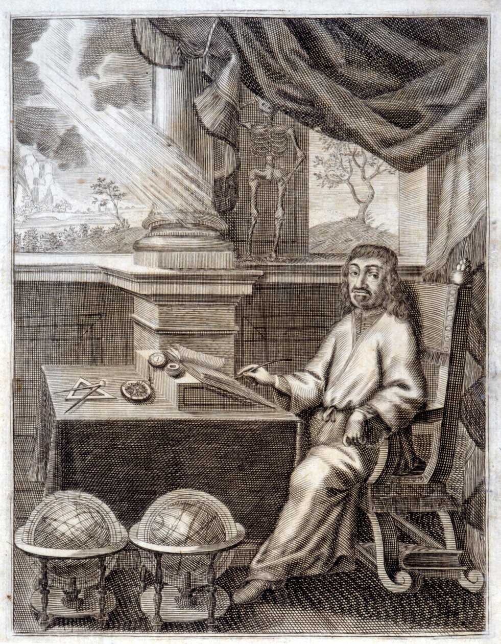 René Descartes (1596 - 1650) in seinem Büro mit wissenschaftlichen Geräten. Gravur des 17. Jahrhunderts von Unknown artist