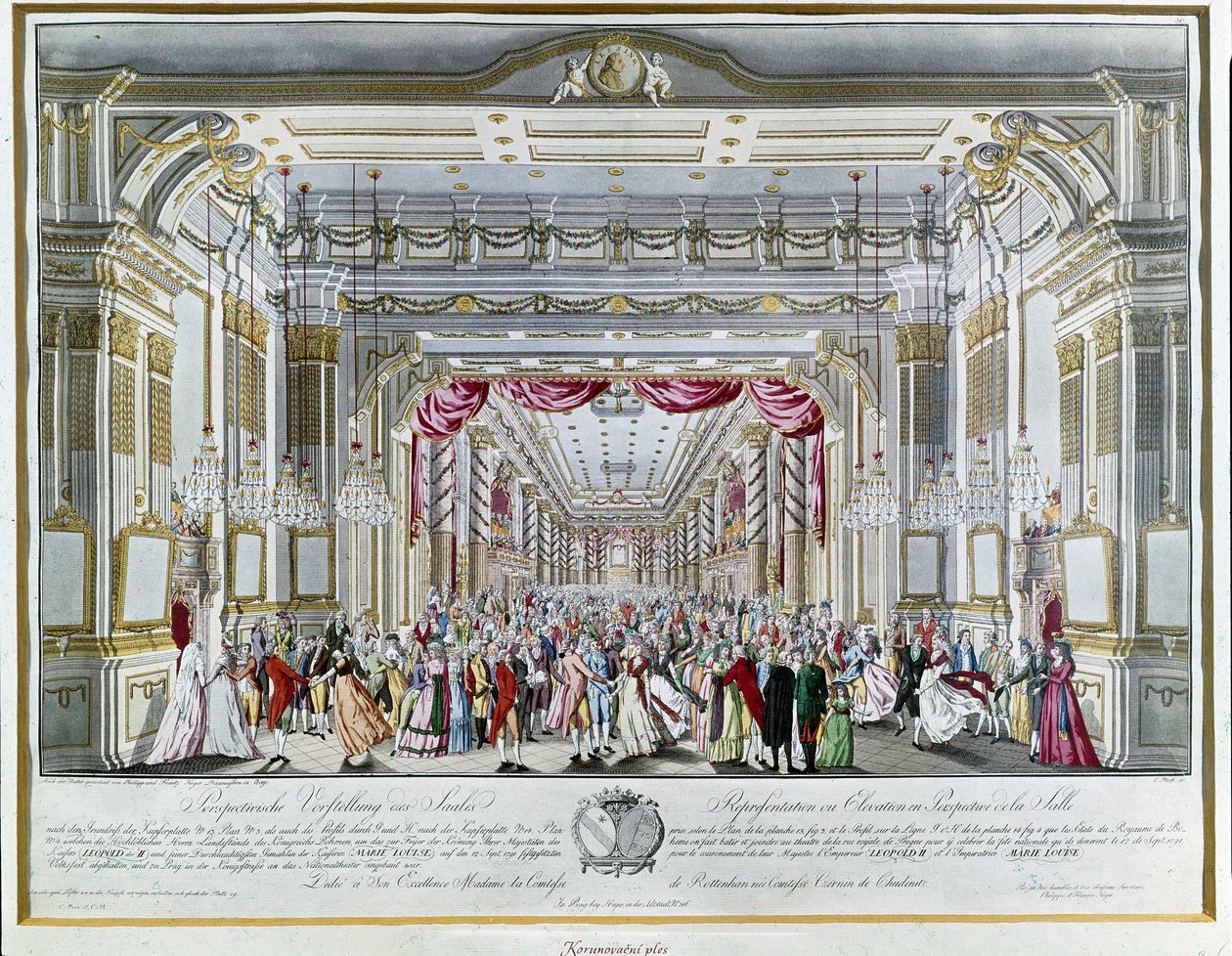 Darstellung von „La Clemenza di Tito“ (Die Milde des Titus) von Wolfgang Amadeus Mozart (1756-1791) beim Krönungsfest von Kaiser Leopold II. von Österreich (1747-1792) als König von Böhmen 1791 im Theater der Königlichen Straße von Prag. Prager Museum von Unknown artist