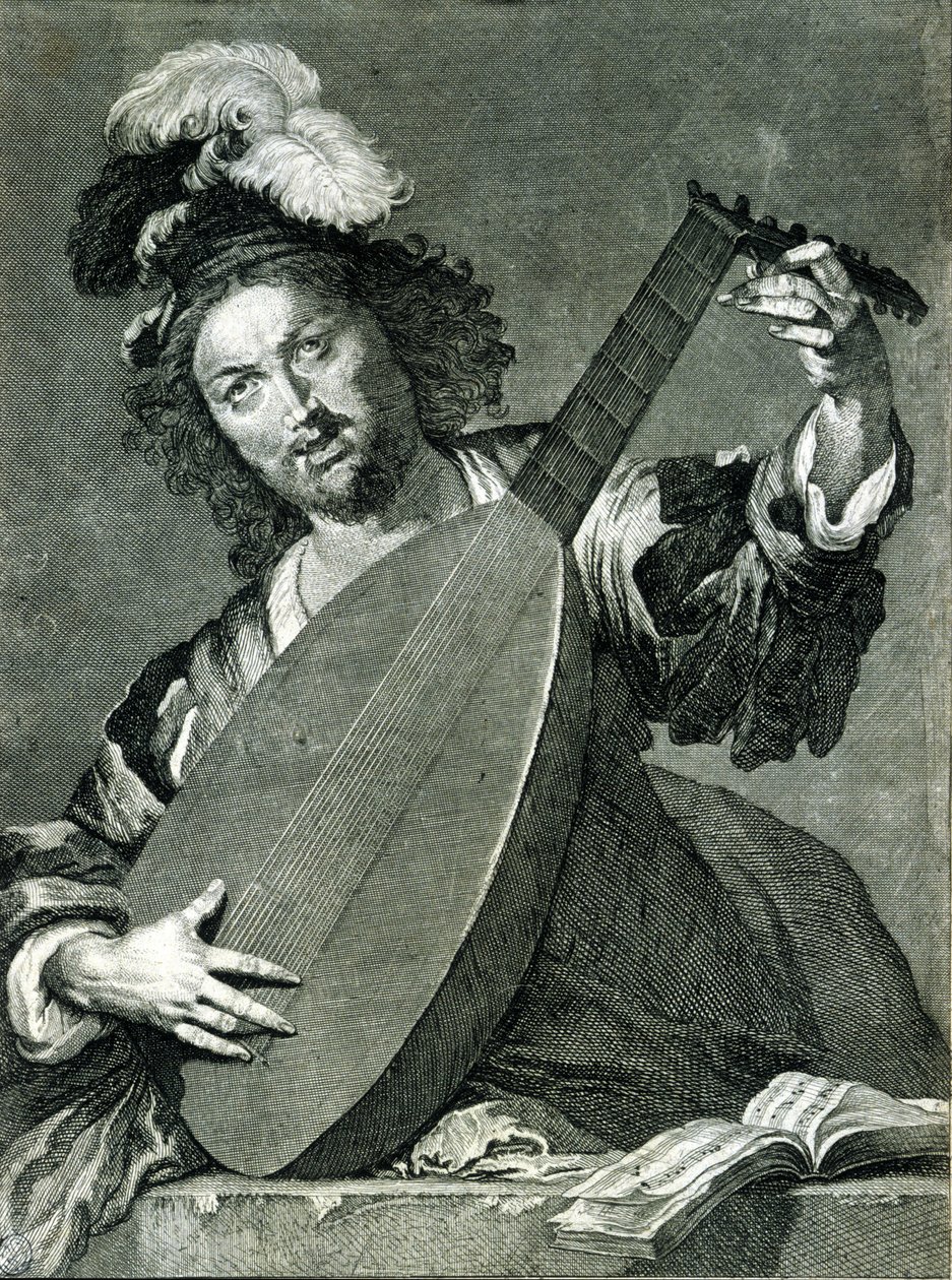 Darstellung eines Lautenspielers, der sein Instrument stimmt. von Unknown artist