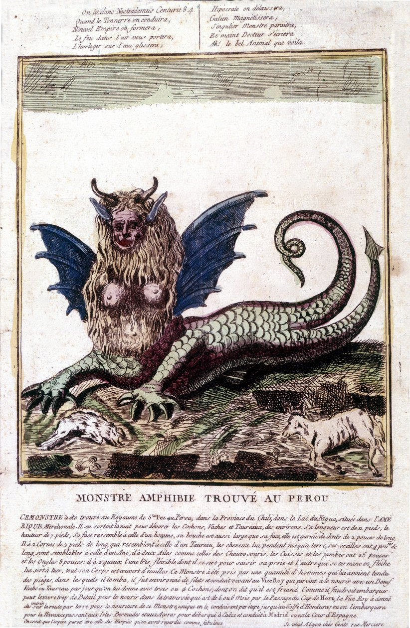 Darstellung eines Monsters, das in einem See in Peru gefunden wurde: es hat ein menschliches Gesicht, Hörner, Drachenflügel, eine Löwenmähne, einen Reptilienkörper, eine Frauenbrust. Beliebter Druck aus dem 18. Jahrhundert von Unknown artist