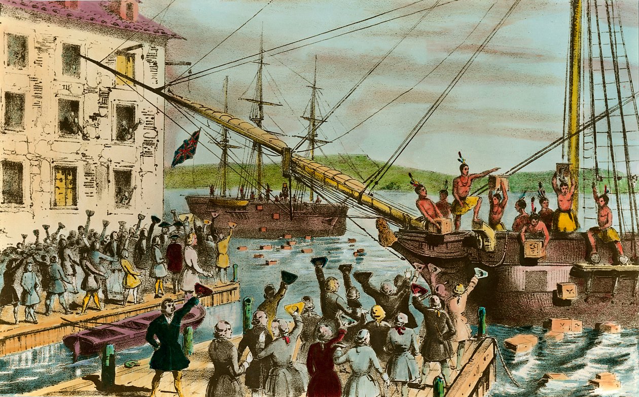 Darstellung der Boston Tea Party: während des Unabhängigkeitskrieges der Vereinigten Staaten: Aufstand amerikanischer Siedler (britischer Herkunft) gegen die vom englischen Parlament auf den Tee und andere Lebensmittel erhobenen Steuern von Unknown artist