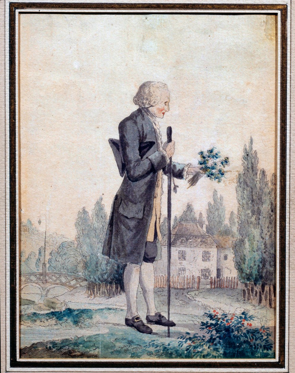 Darstellung des Philosophen Jean Jacques Rousseau (1712-1778), der in Ermenonville Blumen pflückt. Aquarell des 18. Jahrhunderts von Unknown artist
