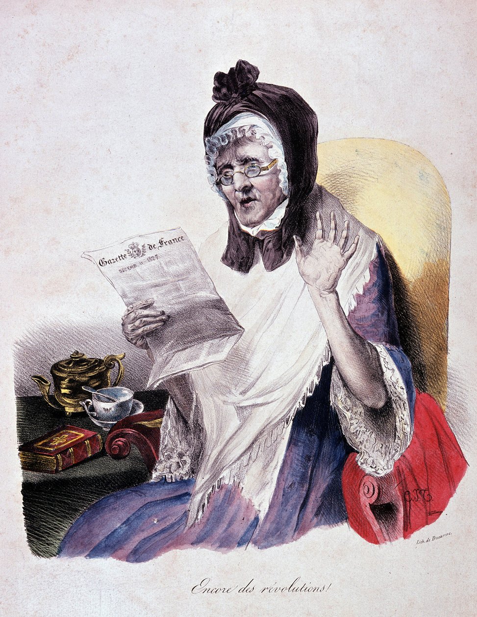Revolution 1830: „Encore des révolutions“ ruft eine alte Frau, die die Gazette de France liest - Gravur von Unknown artist