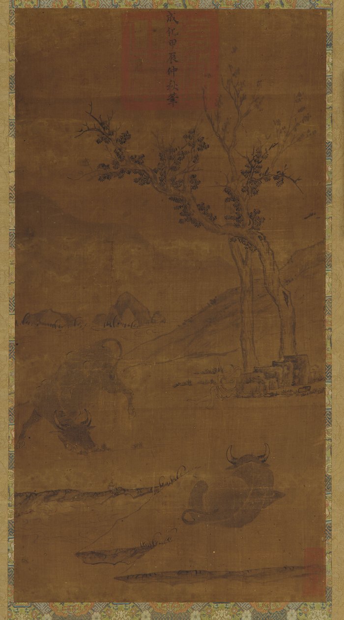 Flusslandschaft: Zwei Wasserbüffel und ein schlafender Hirtenjunge von Unknown artist