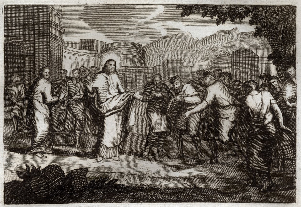 Royaumont-Bibel, Neues Testament: Die zehn Aussätzigen. Jesus Christus heilt zehn Aussätzige. Illustration von 1811. von Unknown artist