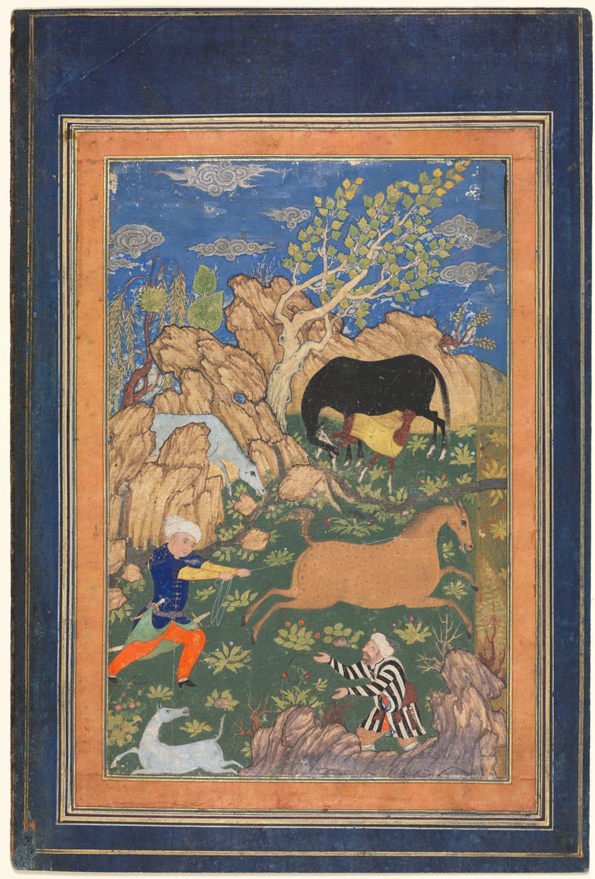 Rustam fängt sein Pferd Rakhsh mit dem Lasso in einer Landschaft (recto) von Unknown artist
