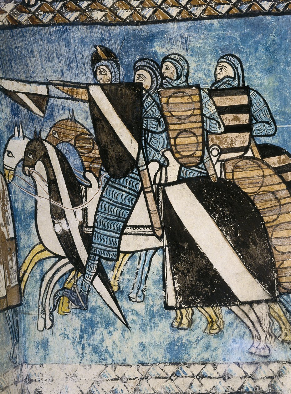 SPANIEN. KASTILIEN UND LEÓN. Valladolid. Kloster San Bernardo de Valbuena. Kastilische Armee, Gruppe christlicher Soldaten auf Pferden. 14. Jh. Fresko über die „Reconquista“. Gotische Kunst von Unknown artist