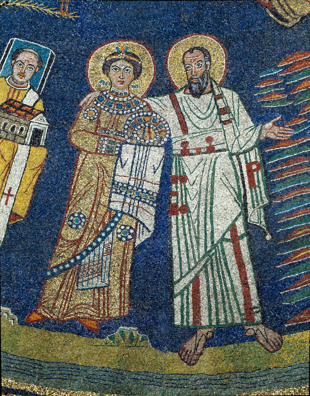 Die heilige Praxedis und der heilige Paulus (Detail). Anonymes Mosaik um 830. Triumphbogen der Basilika Santa Prassede, Rom von Unknown artist