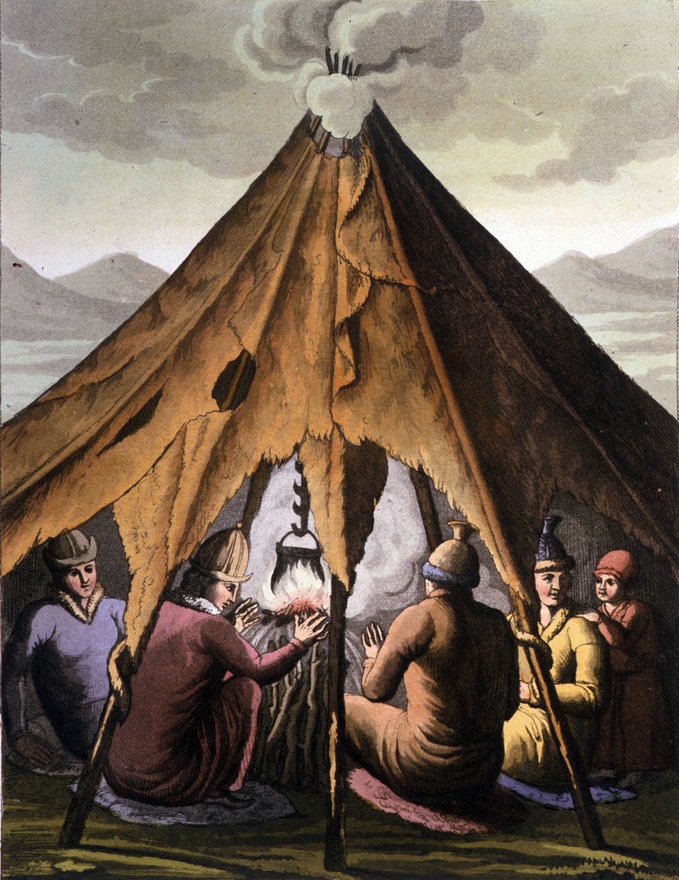 Sami: Ureinwohner der nördlichen Länder (Norwegen, Finnland, Schweden und Russland) versammeln sich um ein Feuer unter einem Zelt von Unknown artist