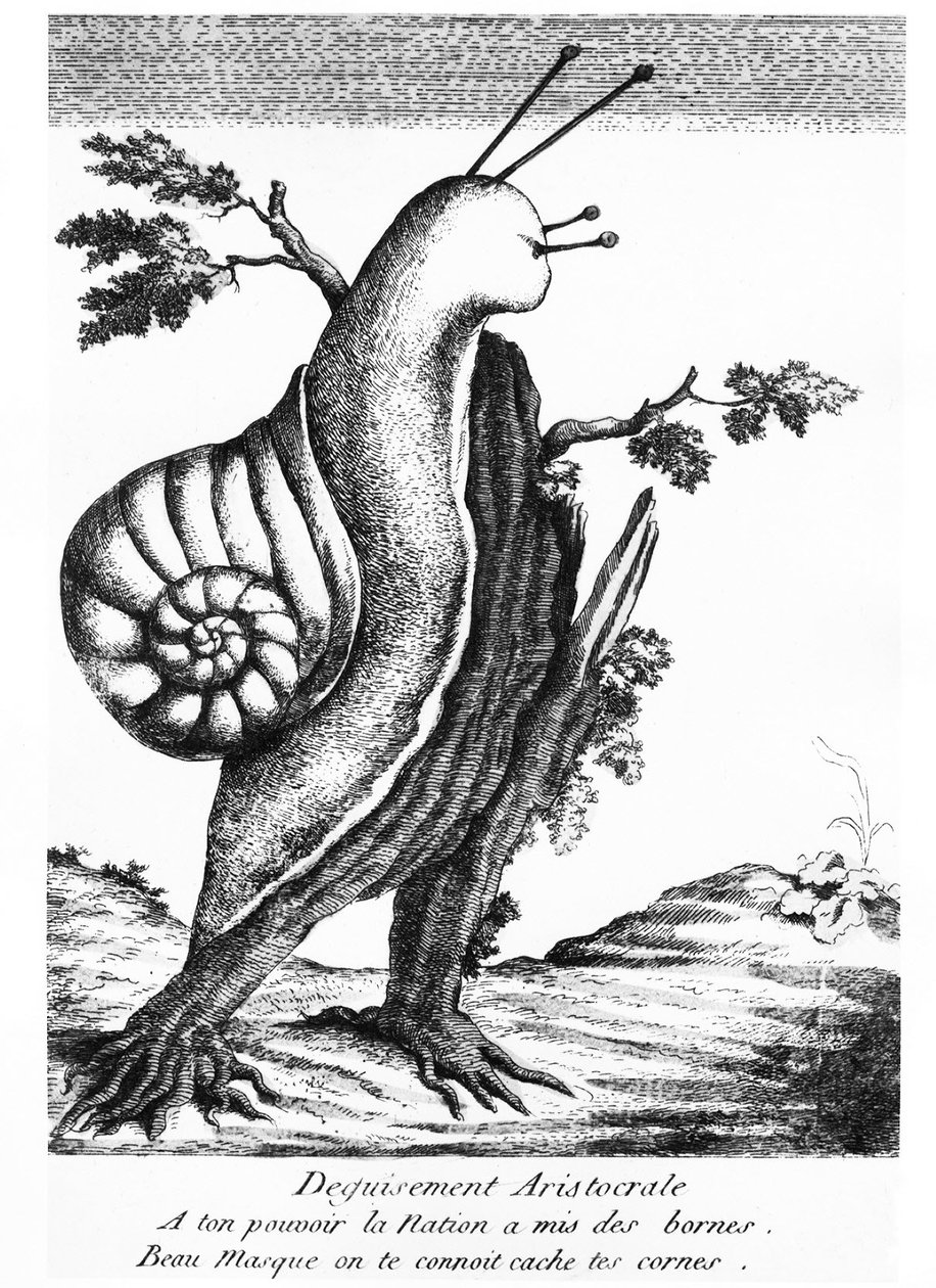 Satirische Zeichnung: aristokratische Verkleidung (eine Schnecke auf einem Baumstumpf): „Zu deiner Macht setzte die Nation die Grenzen, schöne Maske, wir kennen dich, verstecke deine Hörner“ - 1790, Musée Carnavalet. von Unknown artist