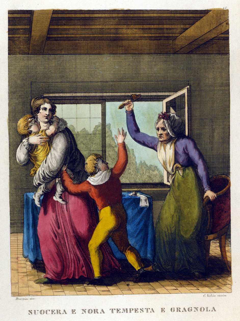 Sprichwörter: „Schöne Mutter und Tochter, Sturm und Hagel“. Illustration aus einer Sammlung von Sprichwörtern des 18. Jahrhunderts von Unknown artist