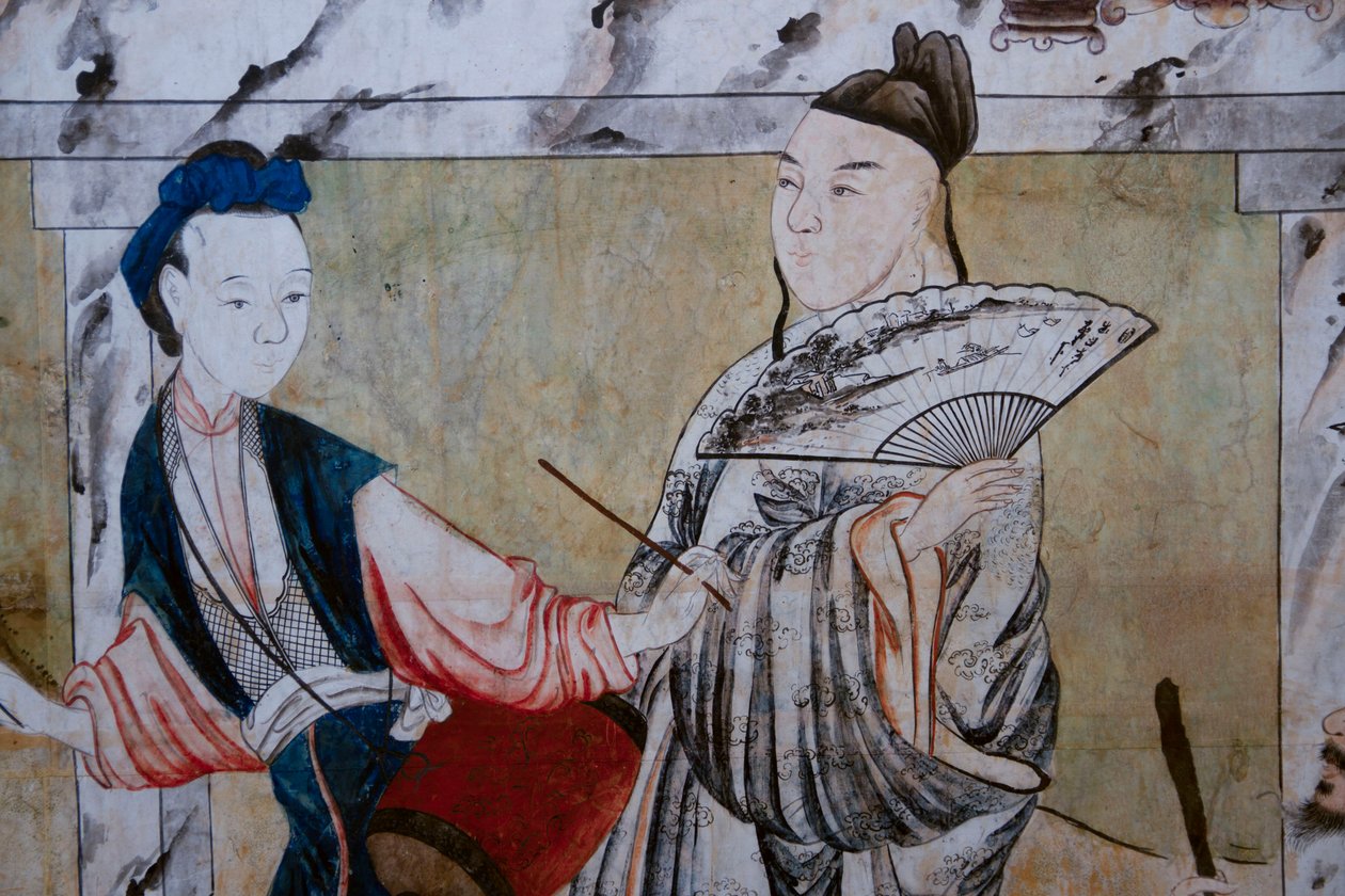 Szenen des Alltagslebens in China, Detail der chinesischen Tapete, chinesisches Kabinett, Jagdresidenz, von Filippo Juvarra (1678-1736), Stupinigi, Piemont, Italien von Unknown artist