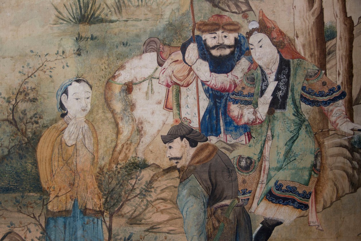 Szenen des Alltagslebens in China, Detail der chinesischen Tapete, chinesisches Kabinett, Jagdresidenz, von Filippo Juvarra (1678-1736), Stupinigi, Piemont, Italien von Unknown artist