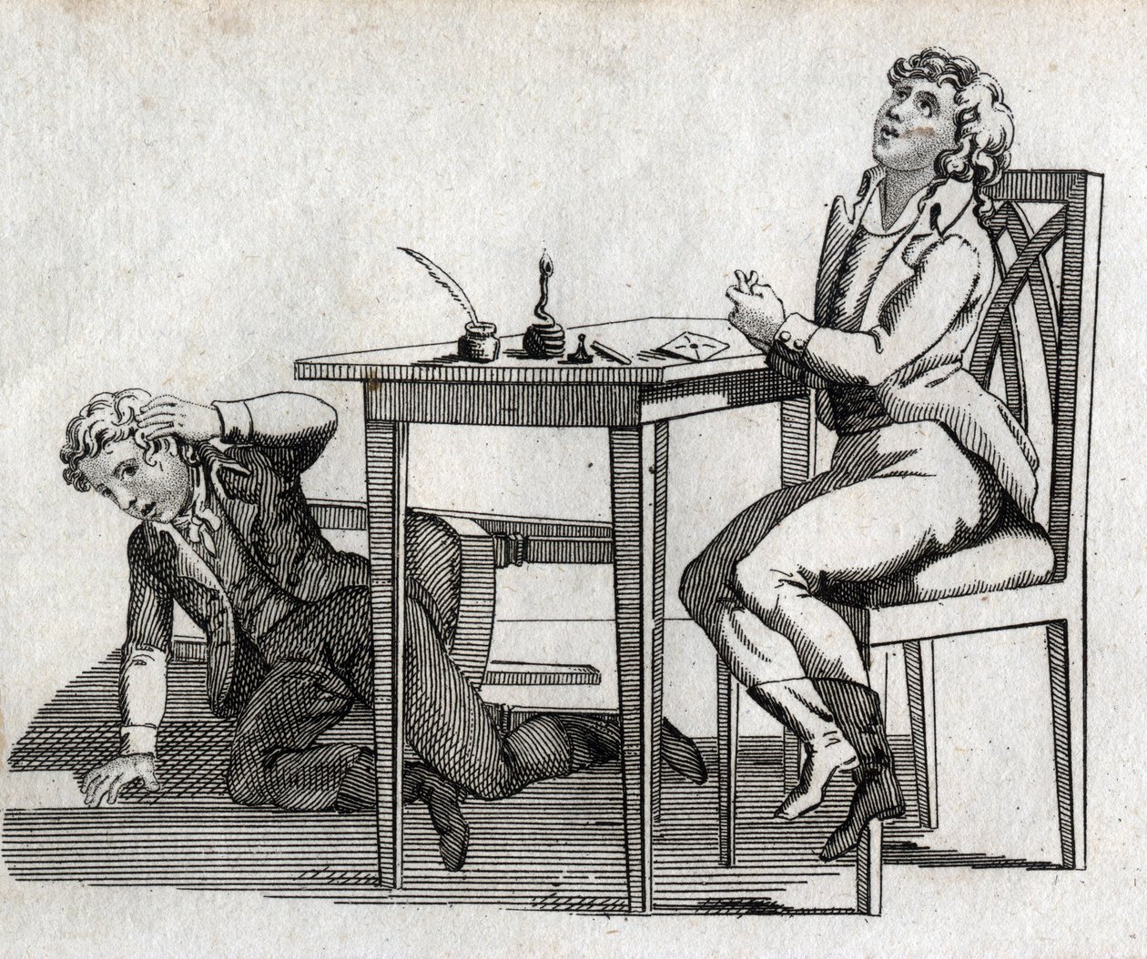 Schüler an einem Tisch mit Tintenfass. Gravur späte 18. Jahrhundert. Private Sammlung. von Unknown artist