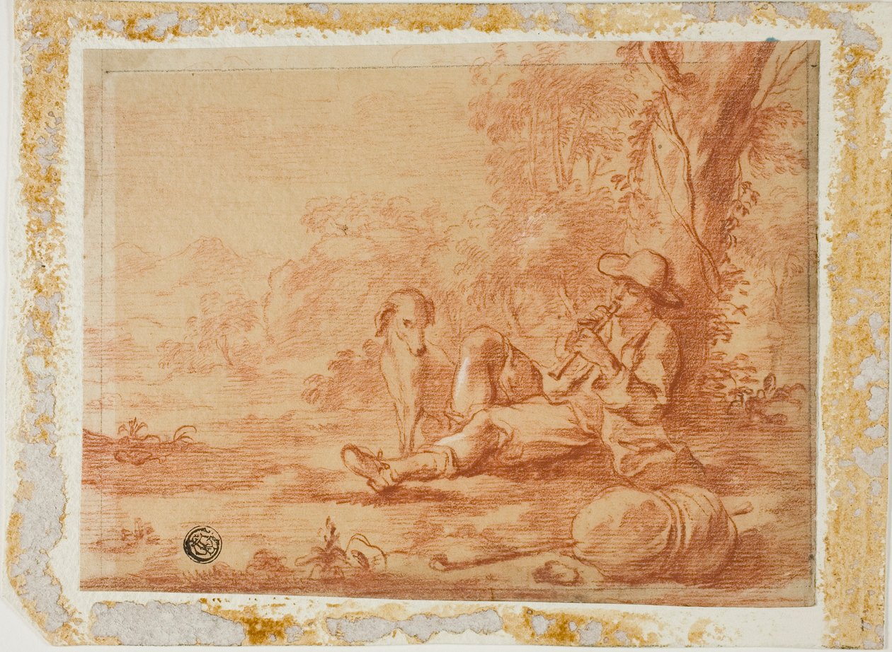 Sitzender Hirte spielt die Flöte unter einem Baum von Unknown artist