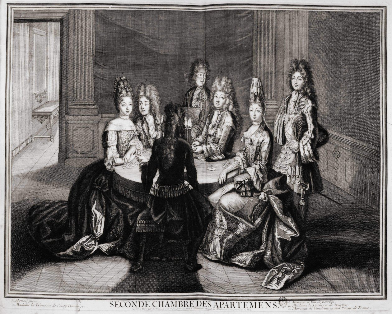 Zweiter Raum der Appartements (Versailles): 1. Monsignore, 2. Madame Prinzessin von Conty Witwe, 3. Monsieur der Herzog von Bourbon, 4. Madame die Herzogin von Bourbon, 5. Monsieur de Vendôme, Großprior von Frankreich. Gravur von Trouvain, frühes 18. Jahrh von Unknown artist