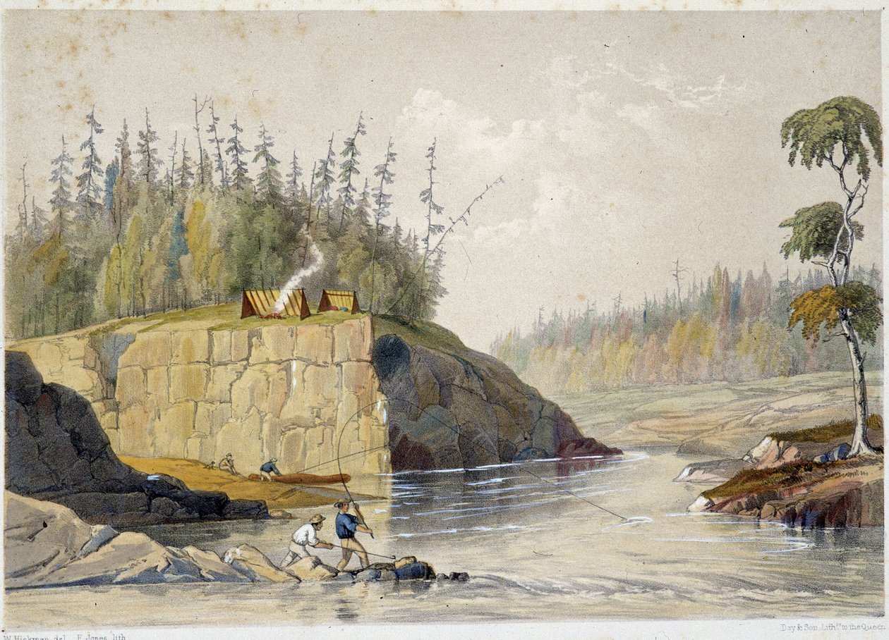 Siedler in Kanada beim Angeln in einem Fluss - in „Sketches on the nipisaguit a river of New Brunswick in America“ von William Hickman, ed. Halifax von Unknown artist