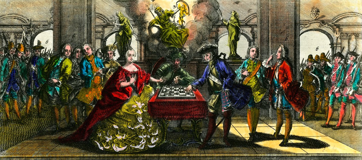 Siebenjähriger Krieg: Allegorie, die Maria Theresia von Österreich (1717-1780) und Friedrich von Preußen (1712-1786) beim Schachspielen darstellt. Gravur des 18. Jahrhunderts, Privatbesitz von Unknown artist