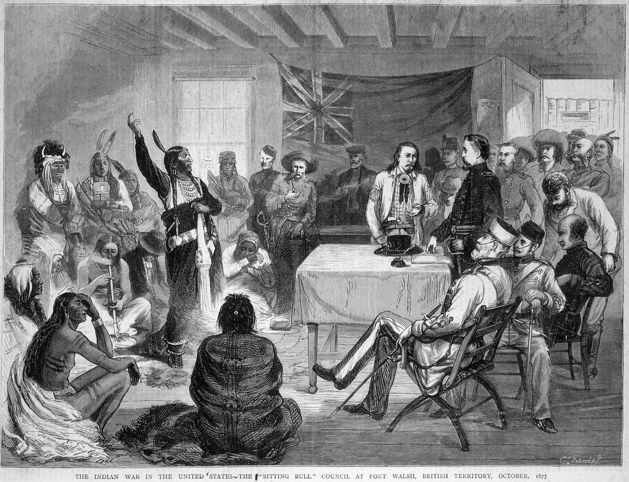 Sitting Bull und Buffalo Bill: Sitting Bull Rat am Fort Walsh, britisches Territorium, während des Krieges mit den Indianern, Oktober 1877 von Unknown artist