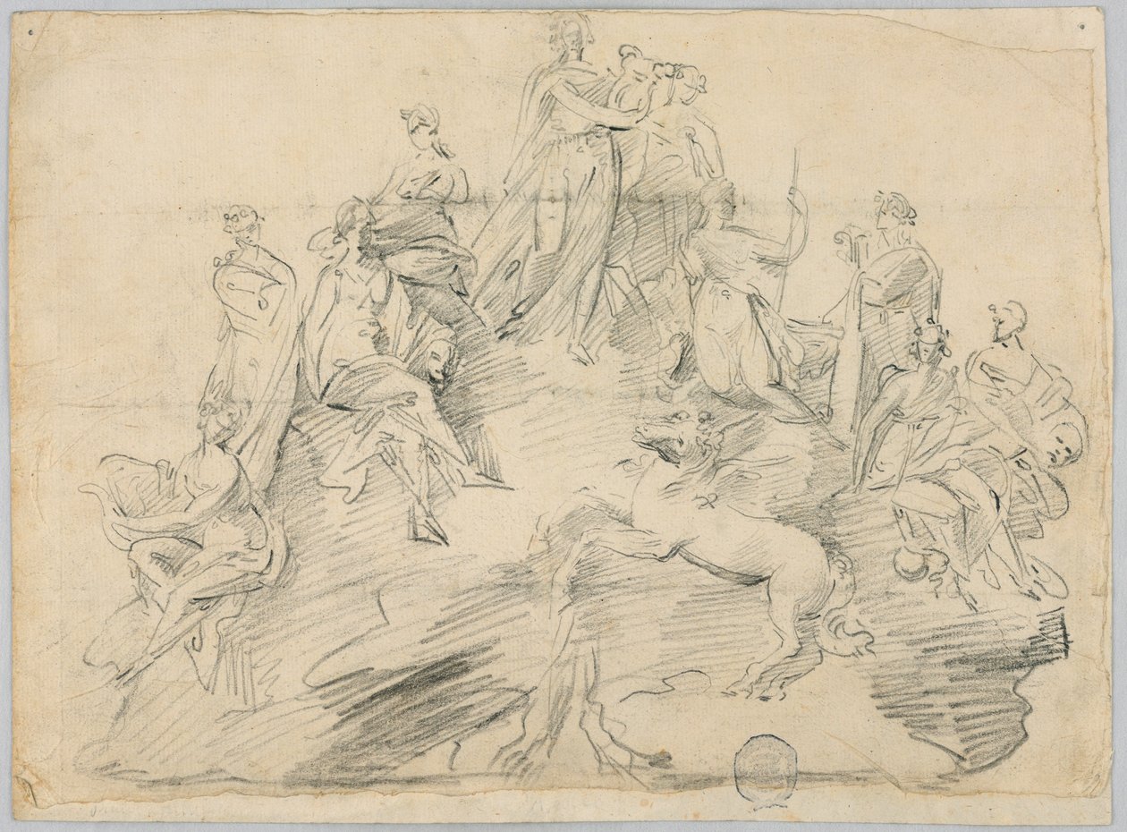 Skizze von Apollo, den neun Musen und Pegasus auf dem Gipfel des Helikon von Unknown artist