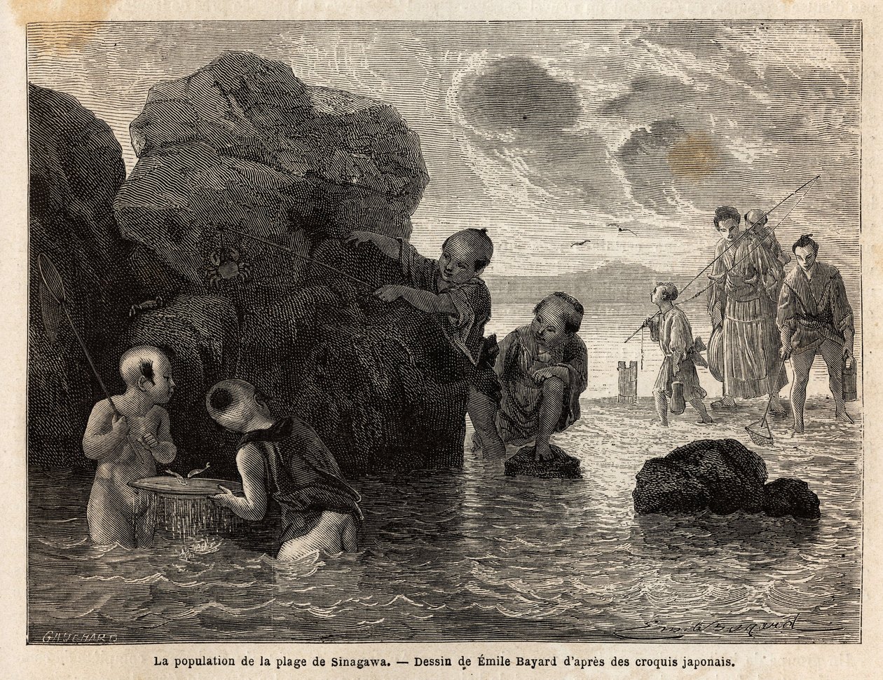 Kleine Fischereiaktivitäten an einem Strand in Sinagawa, Kinder planschen im Wasser und fangen Krabben und kleine Fische. Gravur zur Illustration der Reise nach Japan, in den Jahren 1863-1864, von Aime Humbert, Minister der Schweizerischen Eidgenossenschaf von Unknown artist