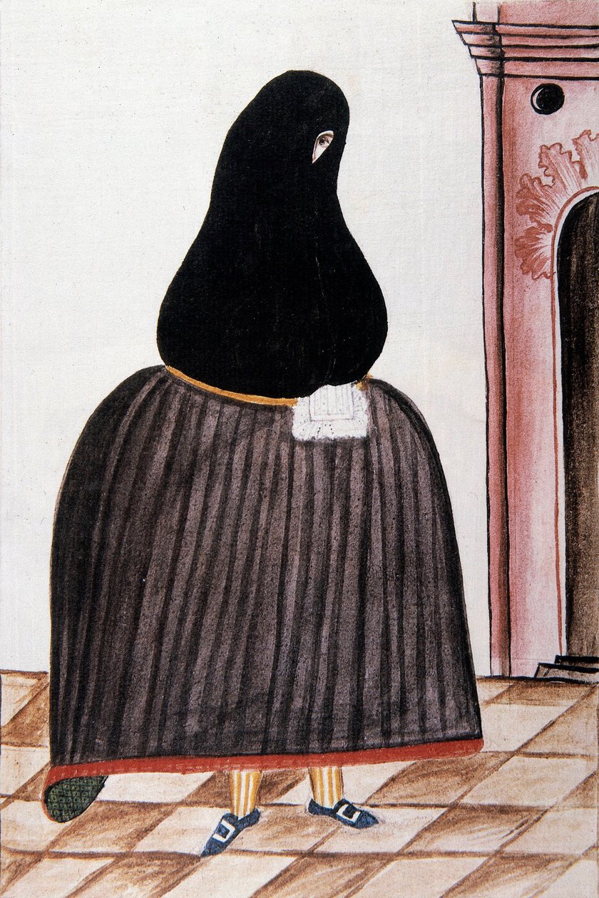 Spanische Frau mit einem Schleier, der ihr Gesicht bedeckt, aus "Trujillo del Peru" oder "Códice Martínez Compañón", von Baltazar Martinez Compañón y Bujanda, Bischof von Trujillo (1782-1785) von Unknown artist