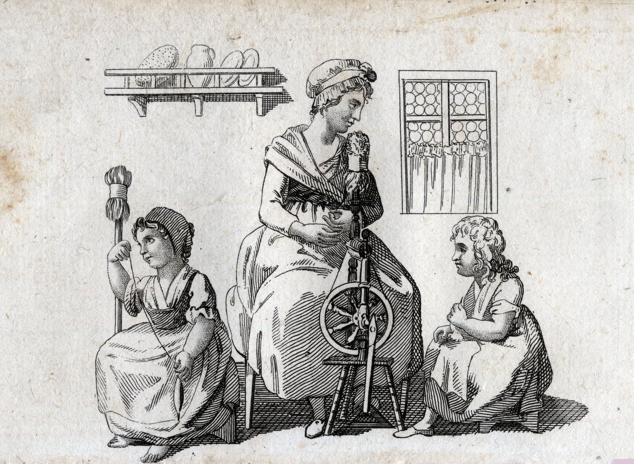 Spinnen: Mutter und ihre Töchter spinnen Wolle. Die Frau benutzt ein Spinnrad und ihre Tochter benutzt eine Rohrkolben. Gravur aus dem späten 18. Jahrhundert. Private Sammlung. von Unknown artist