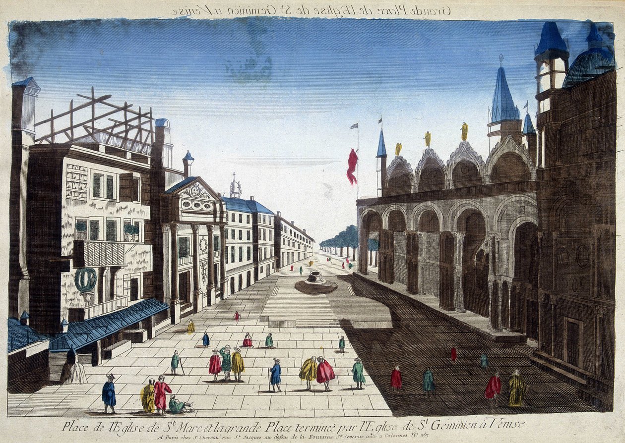 Platz der Kirche St. Markus und der Große Platz, abgeschlossen durch die Kirche St. Geminian in Venedig. Gravur aus dem 18. Jahrhundert von Unknown artist