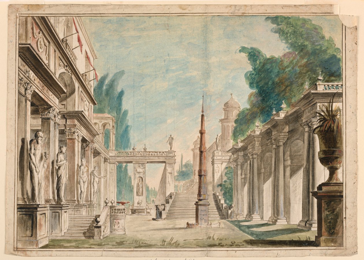 Bühnenbild, Gebäude neben Parkkulisse von Unknown artist