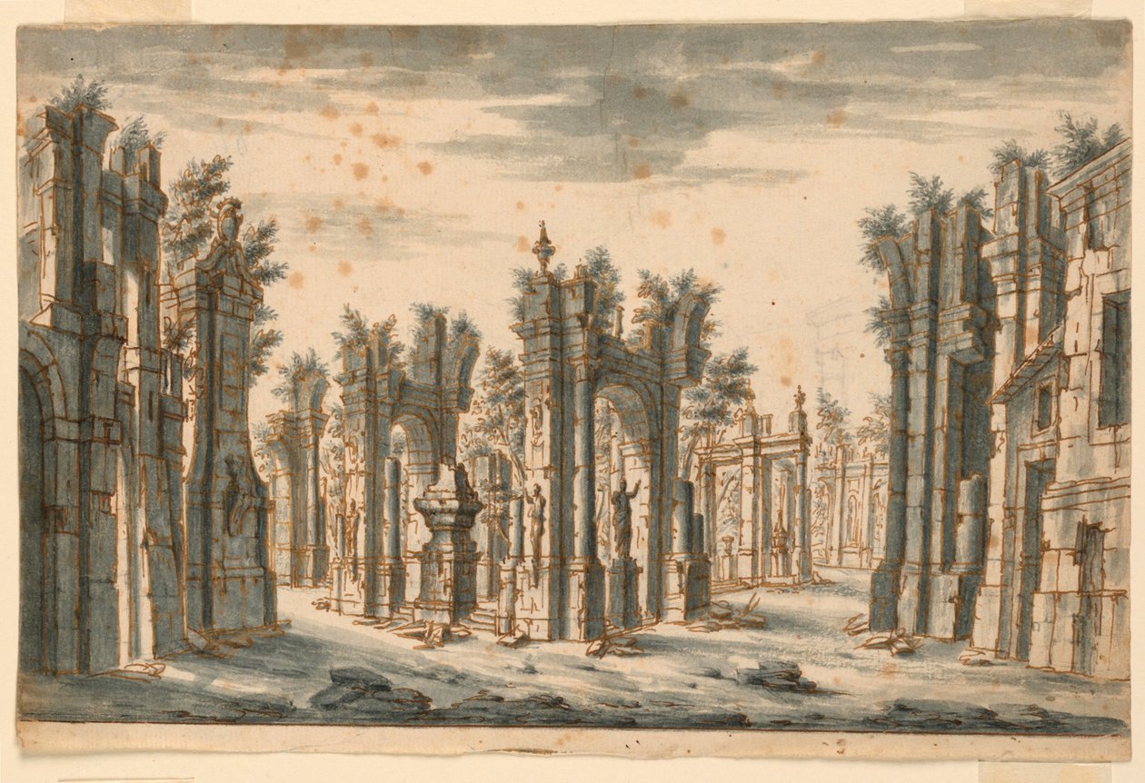 Bühnenbild, Gruppe von Gebäuden in Ruinen von Unknown artist