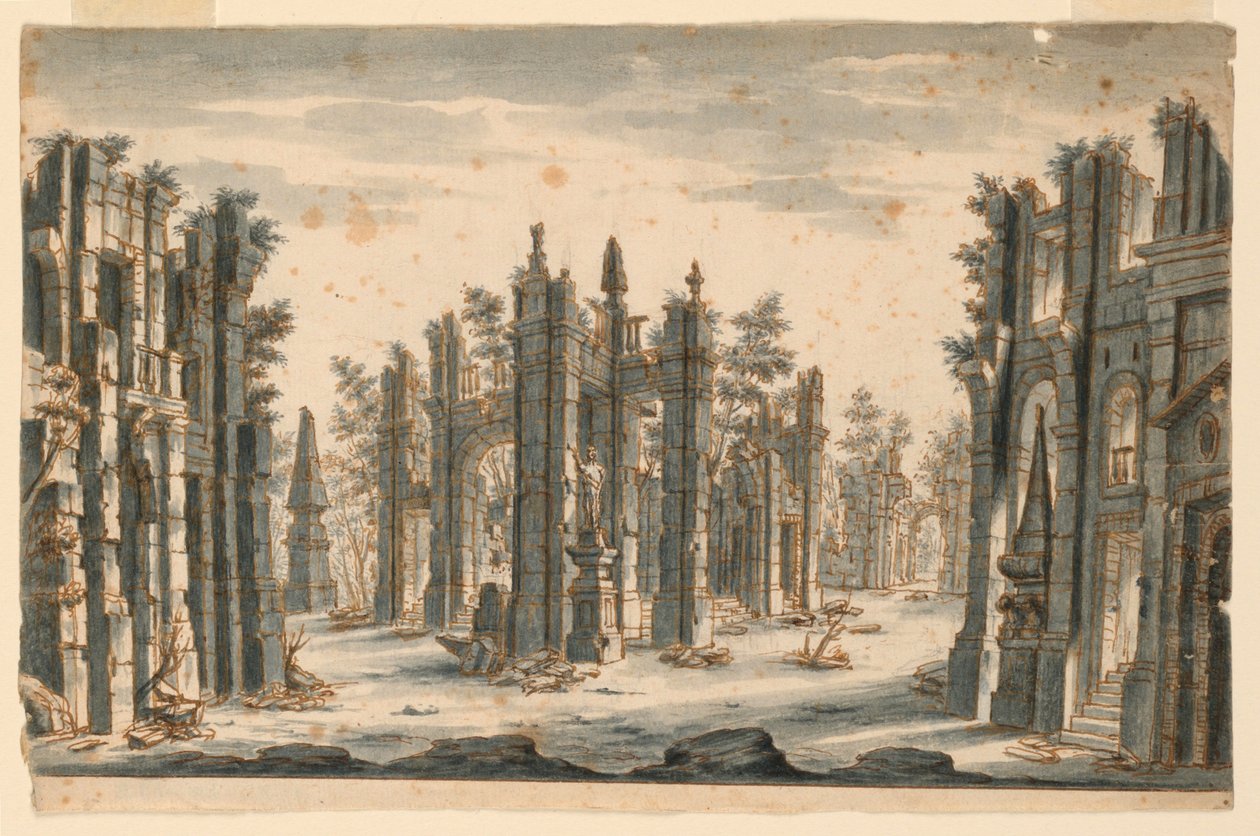 Bühnenbild, Gruppe von Ruinen mit Obelisken von Unknown artist