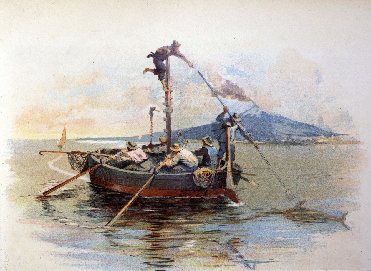 Schwertfisch-Harpunenfischen in der Straße von Messina in Sizilien. Aquarell 1898 von Unknown artist