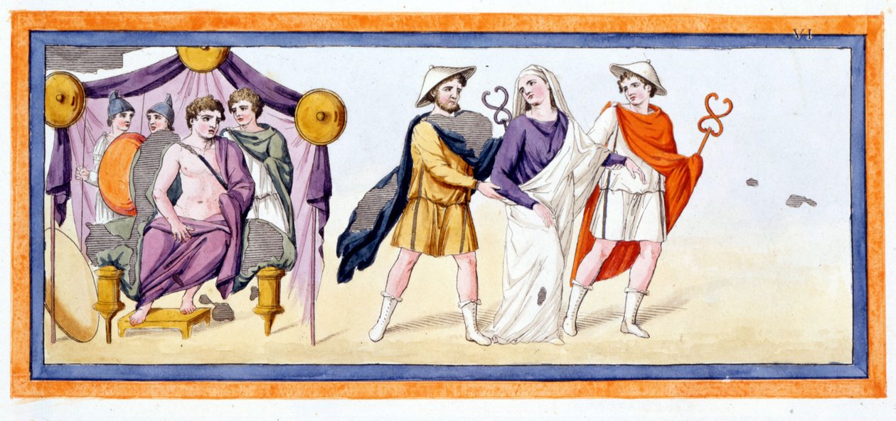 Talthybios und Eurybates nehmen die Jungfrau Briseis vor Achilles, der im Zelt der Myrmidonen steht. Ilias Gesang I, V 345. Gravur aus dem späten 18. Jahrhundert. von Unknown artist
