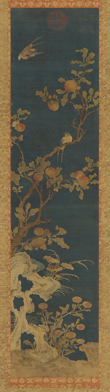 Wandteppich: Vögel, Pfirsichbaum, Felsen und Blumen auf blauem Grund von Unknown artist