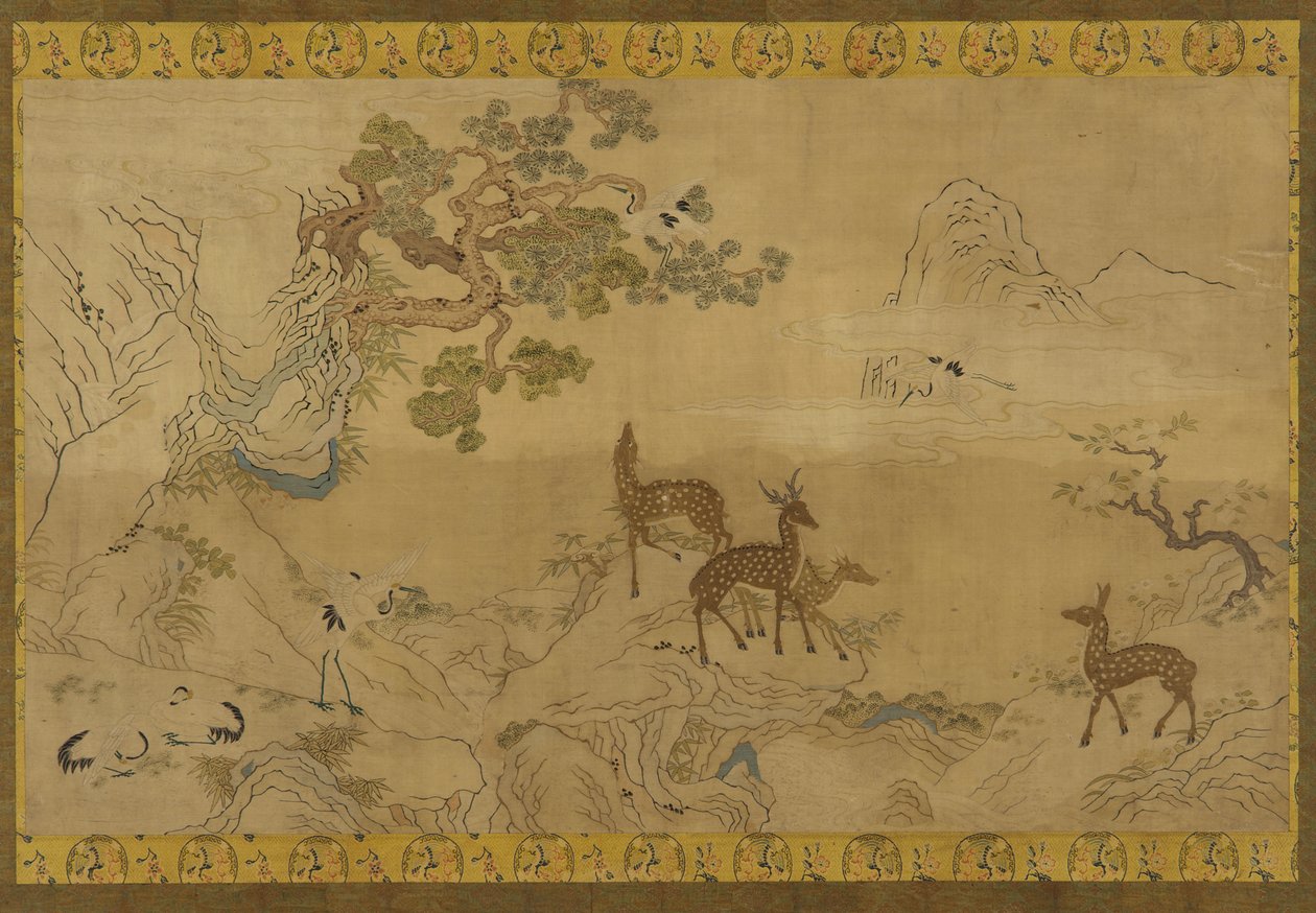 Wandteppich: Landschaft mit Hirschen, Störchen, Kiefern und Pfirsichbaum von Unknown artist
