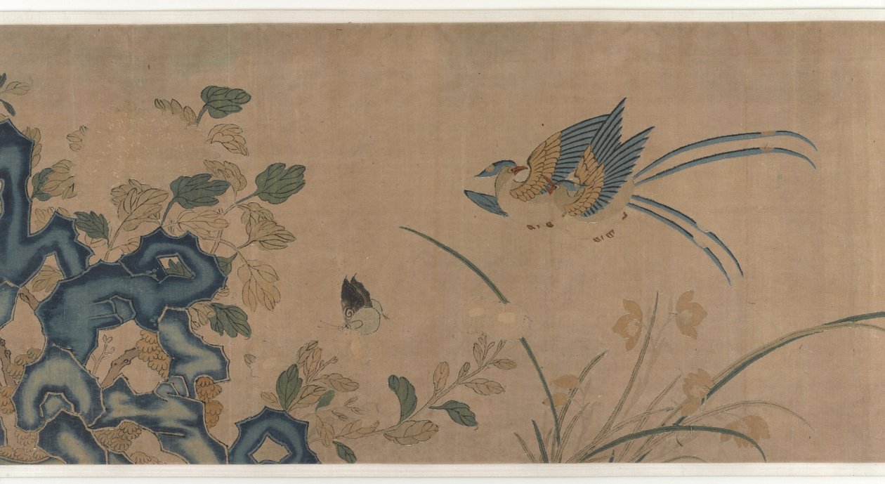 Wandteppich mit Blumen, einem Felsen, Vögeln und Schmetterlingen von Unknown artist