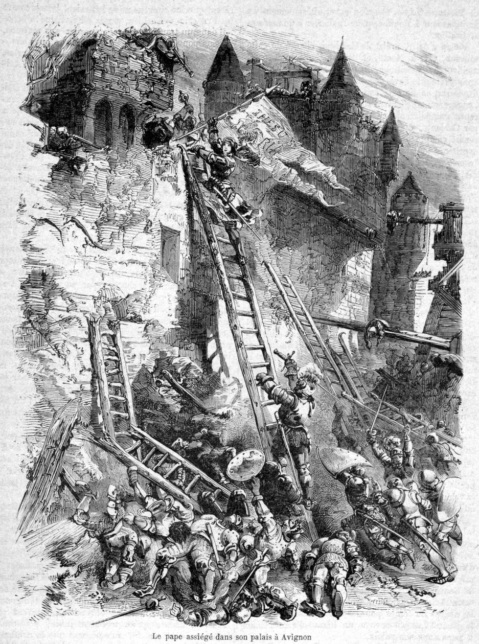 Der (Anti-)Papst (Benedikt XIII.) belagert in seinem Palast in Avignon (durch die Truppen von Papst Bonifatius IX.) - in „Geschichte der Päpste, Könige, Königinnen, Kaiser, durch die Jahrhunderte“ von Maurice Lachatre. von Unknown artist