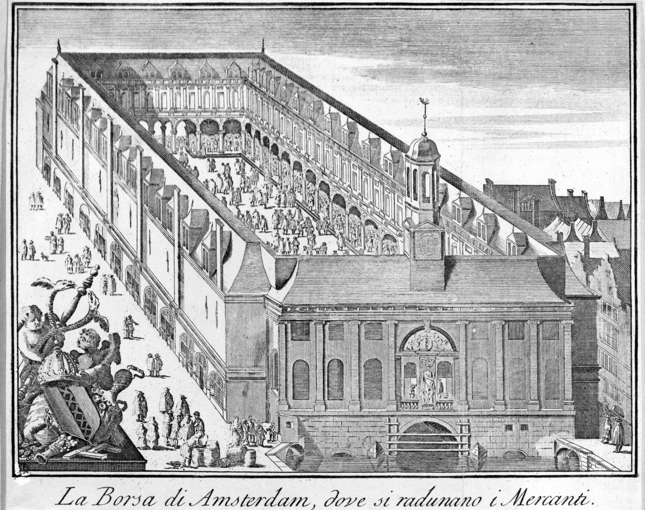 Die Amsterdamer Börse, wo sich die Kaufleute versammeln. Gravur des 18. Jahrhunderts von Unknown artist