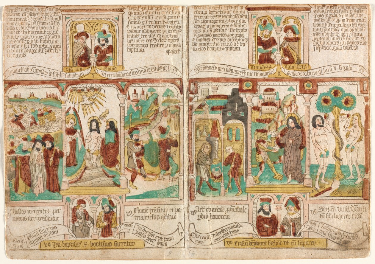 Die Bibel der Armen (Biblia Pauperum), Pharaos Armee ertrinkt im Roten Meer; Taufe Christi; und Moses