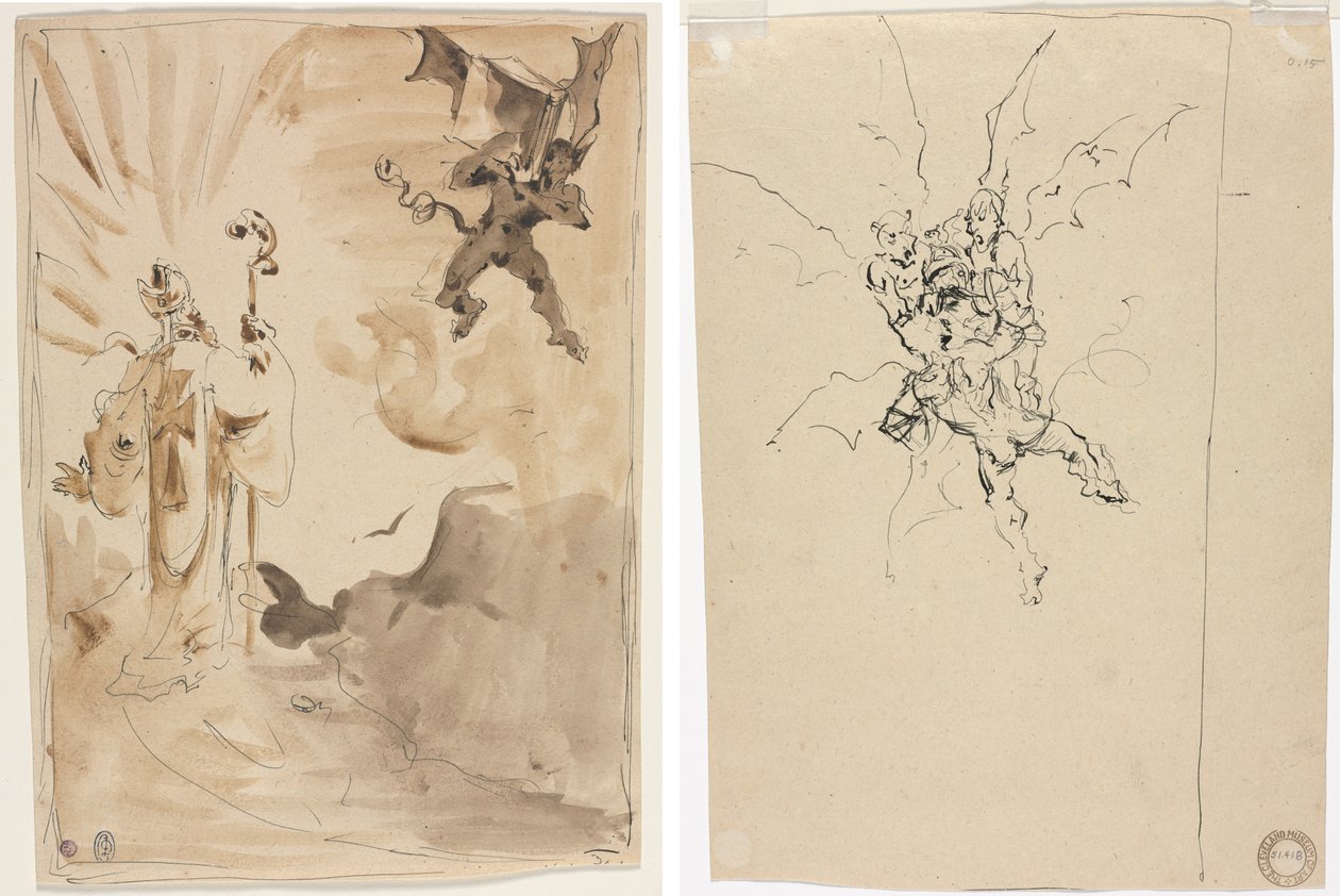Der Bischof und der Dämon (recto); Drei Dämonen halten einen Ritter (verso) von Unknown artist