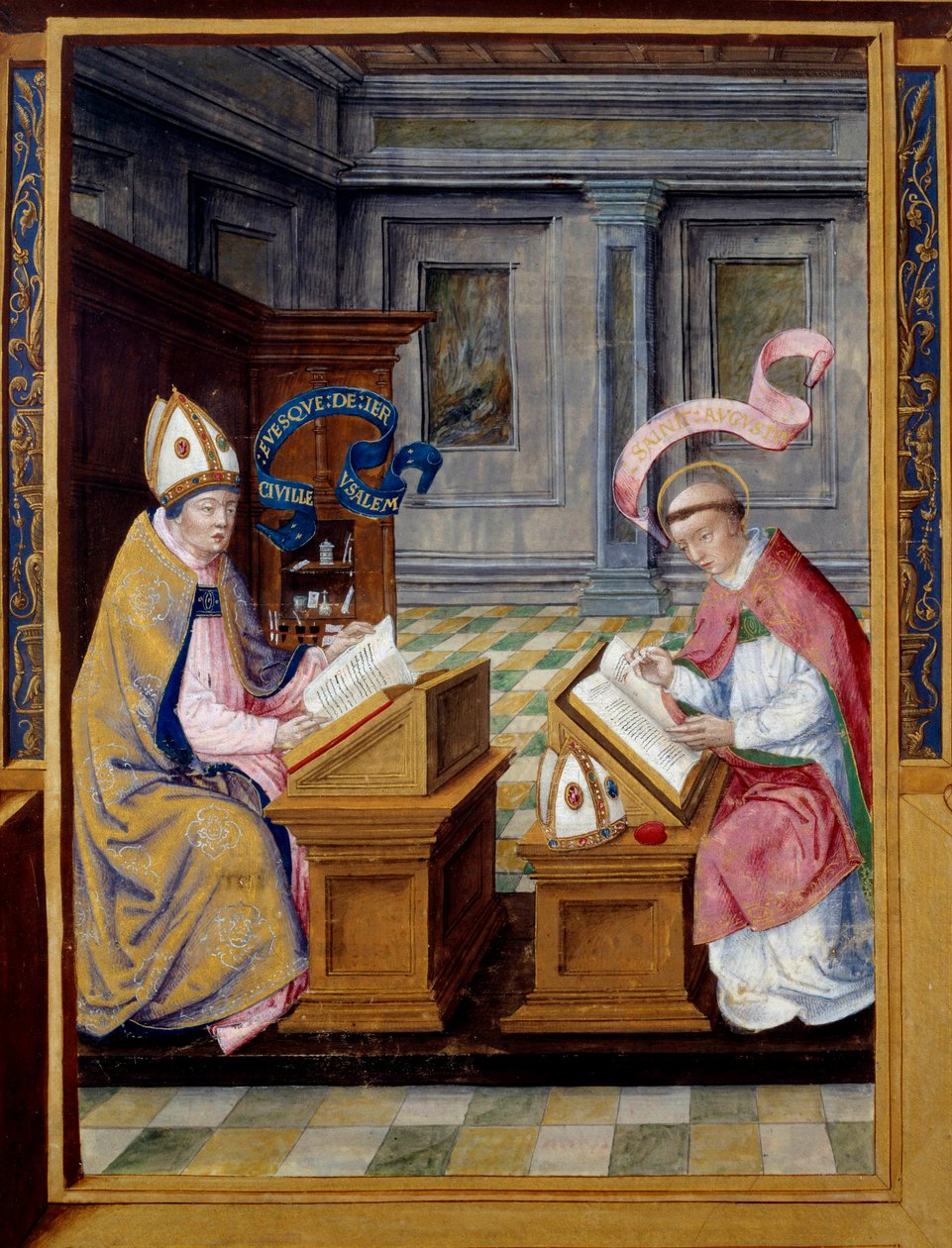 Der Bischof von Jerusalem, Heiliger Kyrill (315-386) und Heiliger Augustinus (354-430) Miniatur auf Pergament aus dem 16. Jahrhundert von Unknown artist