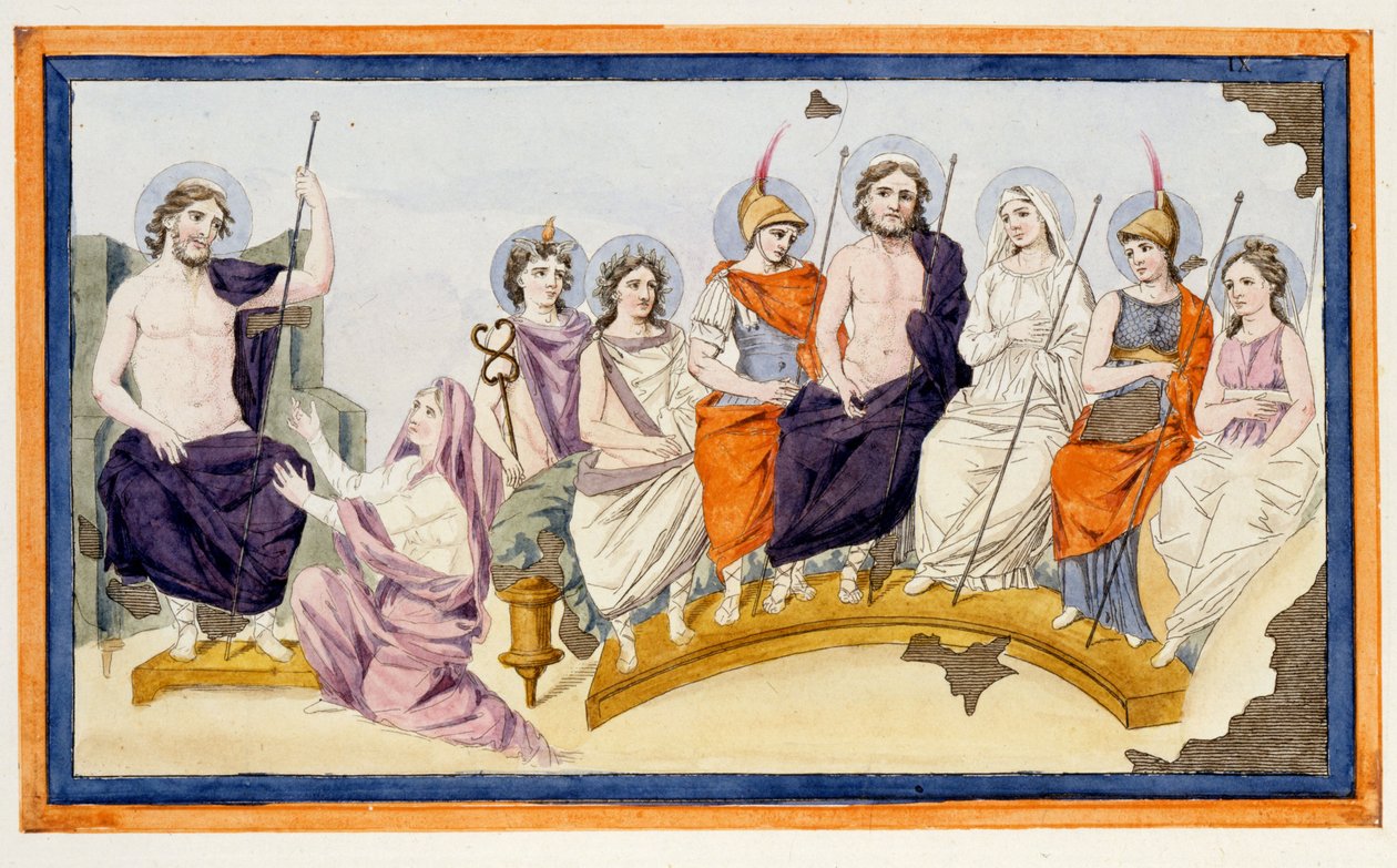 Die Götter des Olymp und links Thetis, die Mutter von Achilles, kniet vor Zeus (Jupiter), um ihn zu bitten, ihrem Sohn gegen Agamemnon zu helfen und die Trojaner zu unterstützen. L