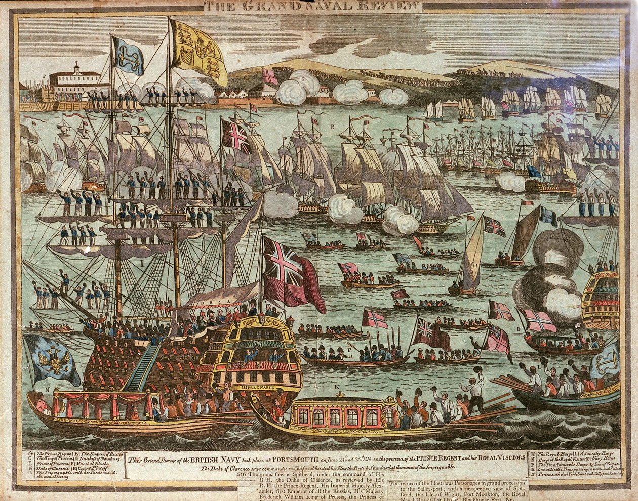 Die große Marineparade. Diese große Parade der britischen Marine fand am 24. und 25. Juni 1814 in Portsmouth in Anwesenheit des Prinzregenten und seiner königlichen Besucher statt, ca. 1814 von Unknown artist