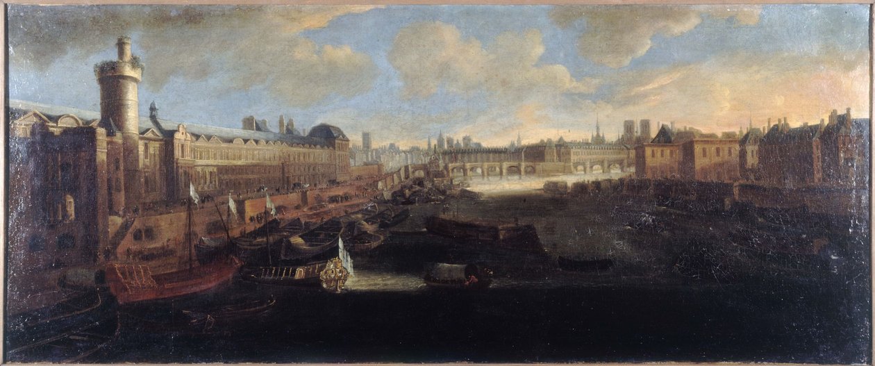 Die Grande Galerie des Louvre, mit der Porte Neuve, der Pont-Neuf, der Cité, dem Collège des Quatres-Nations im Bau und dem Quai Malaquais, um 1665, auf der Seine die königliche Galeere, heutige 1. und 6. Arrondissements, zwischen 1660 und von Unknown artist