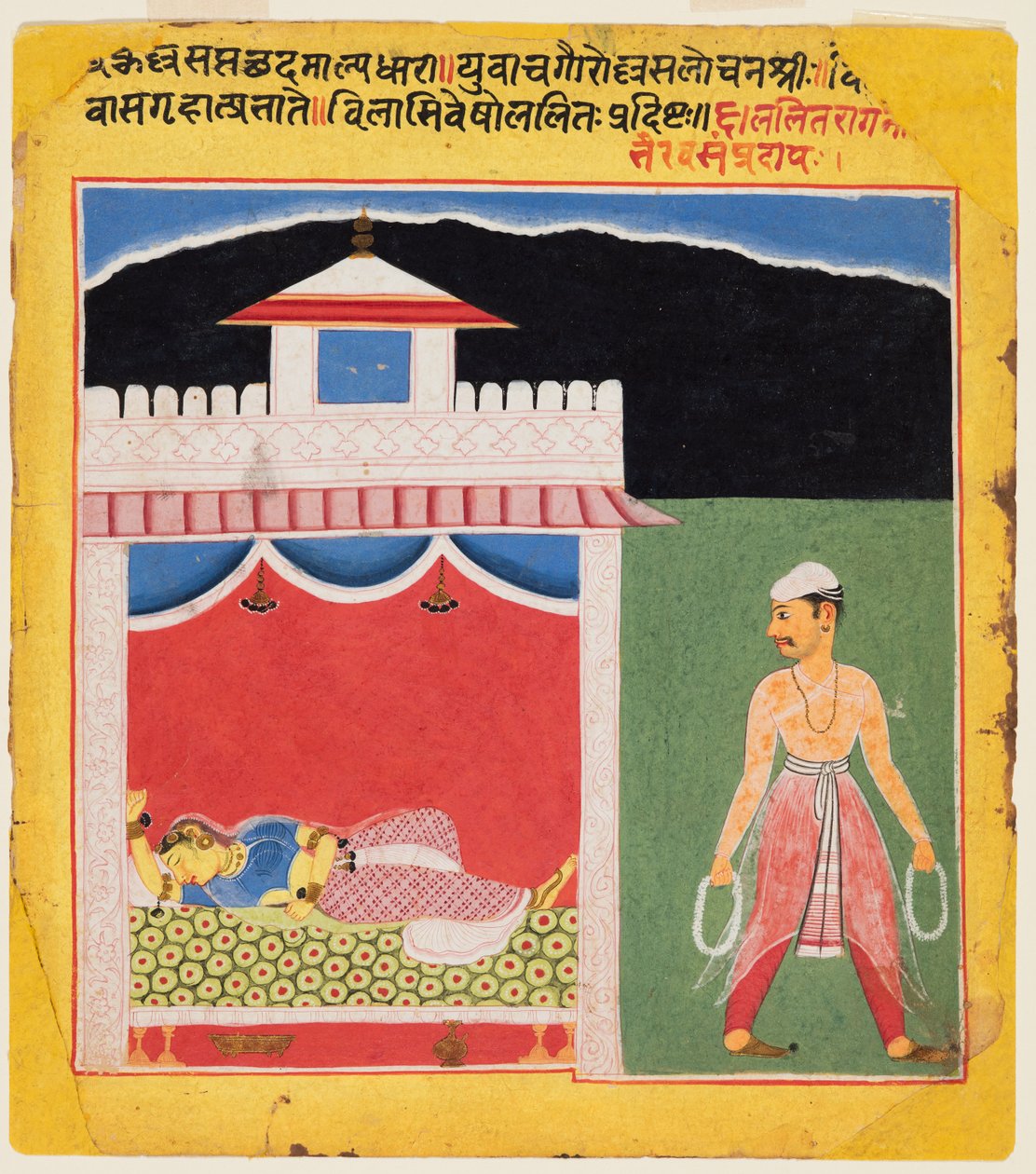 Der Liebhaber verlässt sehnsüchtig am Morgen nach einem leidenschaftlichen Treffen: Lalit Ragini, aus einem Ragamala von Unknown artist