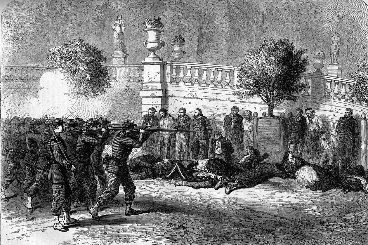 Die Pariser Kommune 1871. Hinrichtung der Föderierten (Kommunarden) im Luxemburger Garten während der blutigen Woche vom 22. bis 28. Mai 1871. Das sechste Arrondissement war eines der ersten, das von der gemeinsamen Armee besetzt wurde. Unter den gefangene von Unknown artist