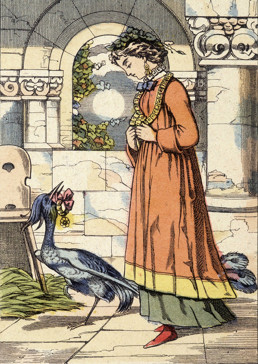 Die Prinzessin und der blaue Vogel - Illustration des Märchens „Der blaue Vogel“ von Unknown artist