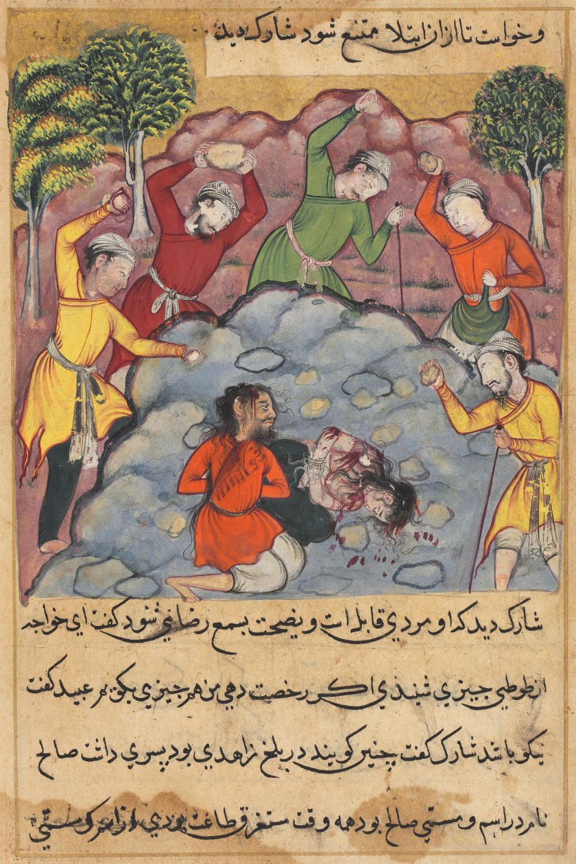 Die Tochter des Rajas und ihr Liebhaber werden wegen Ehebruchs gesteinigt, aus einem Tuti-nama (Geschichten eines Papageis): Zweiundvierzigste Nacht von Unknown artist