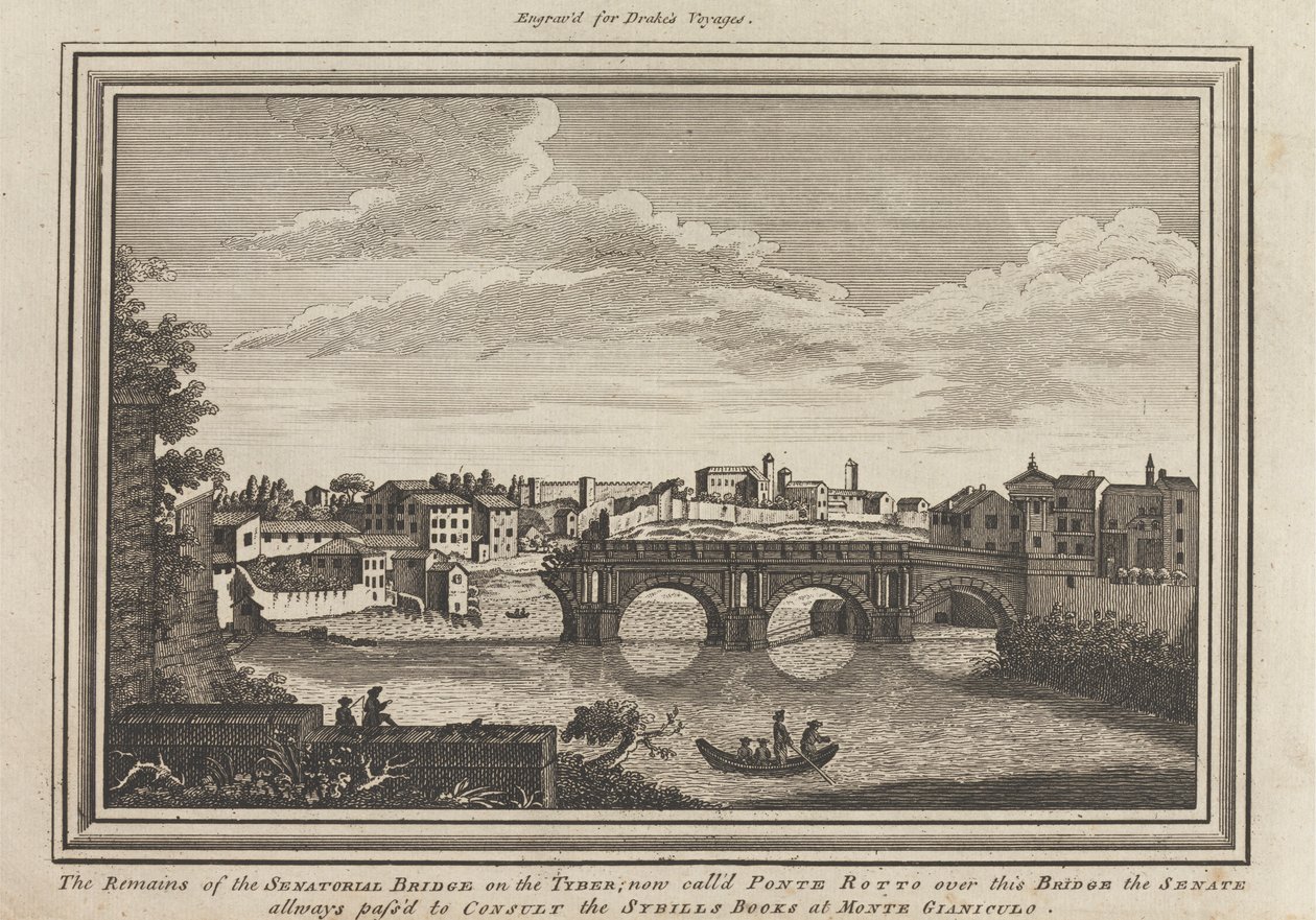 Die Überreste der Senatorenbrücke am Tiber; jetzt Ponte Rotto genannt, über diese Brücke passierte der Senat immer, um die Sybillinischen Bücher am Monte Gianiculo zu konsultieren von Unknown artist